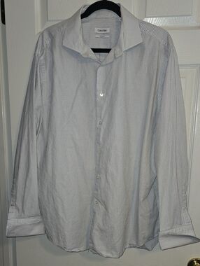 Calvin Klein White Dress Shirt with‎ Thin Blue Pinstripes French Cuff